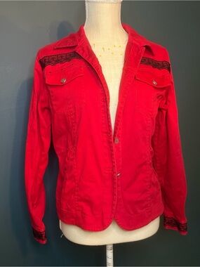 erin london Red Jean Jacket with Black Lace Trim
